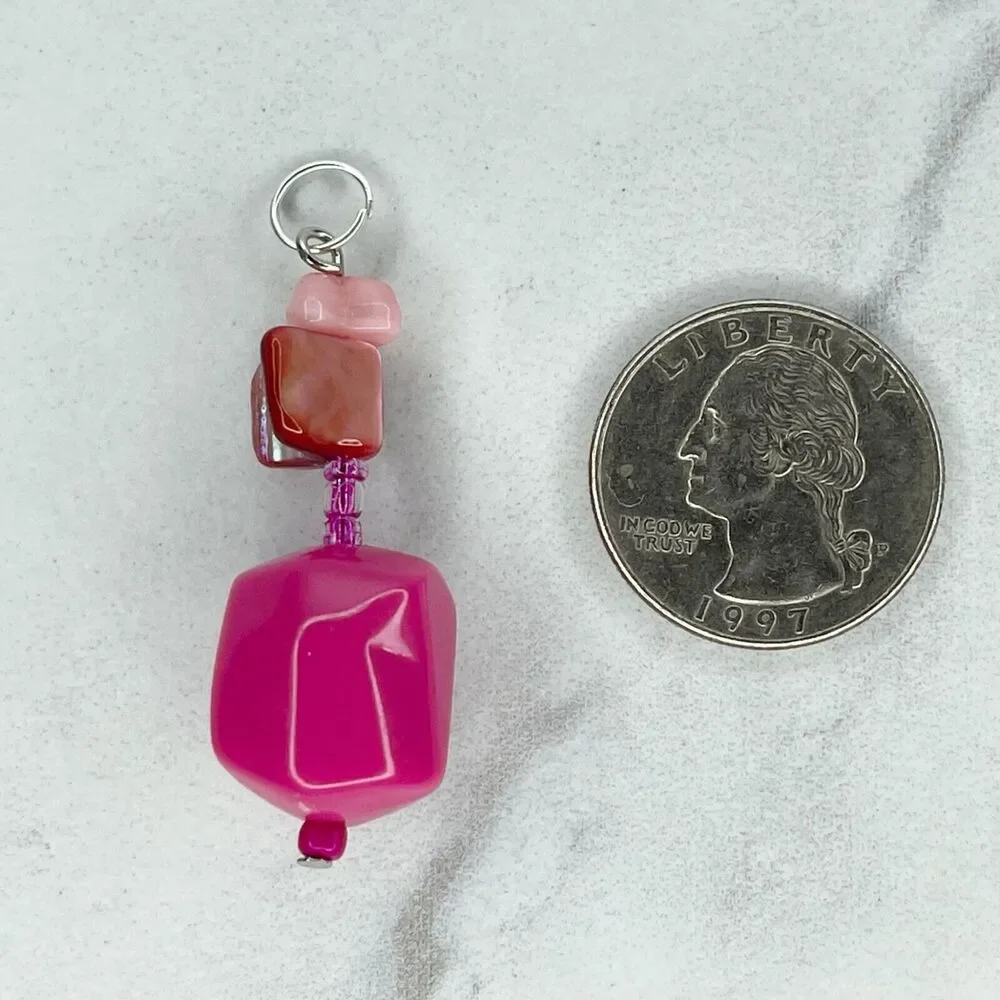 Pink Shell Beaded Upcycled Pendant Silver Tone Repurposed ✨